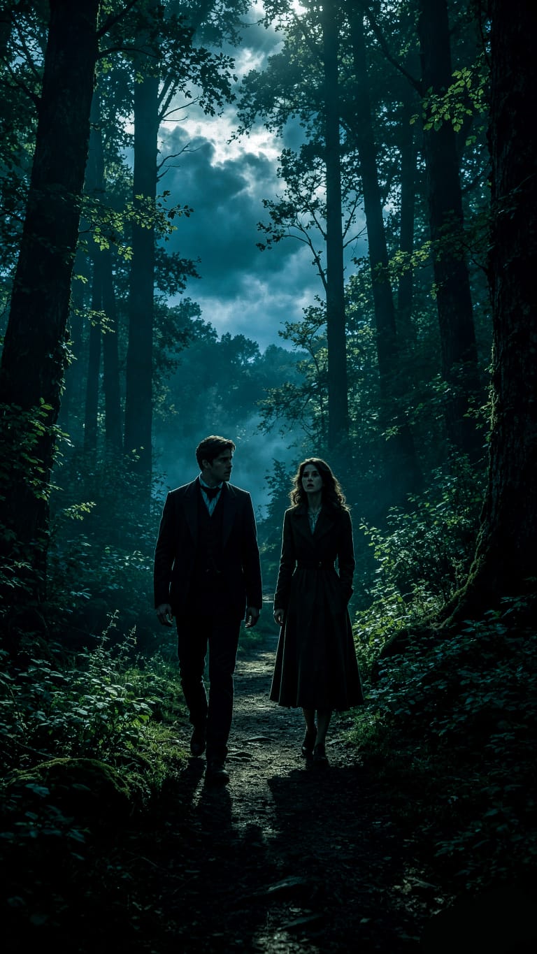 Clara e Ethan caminham pela floresta sob o luar