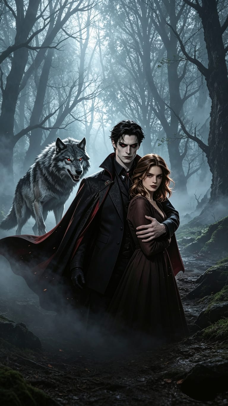 Jake e Lara na floresta, com o lobo ao fundo