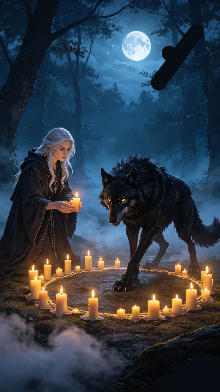 Ritual à luz da lua com lobo negro